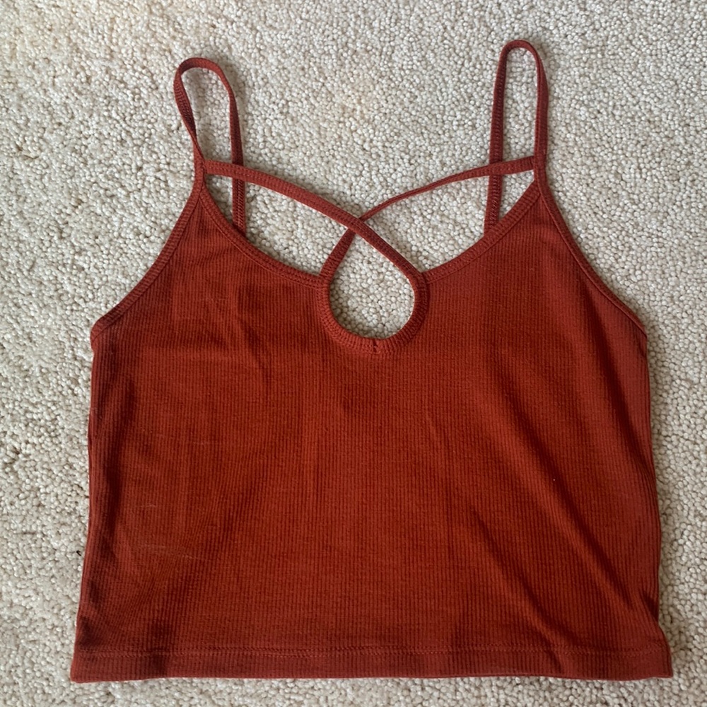 Burnt orange red ribbed crop top tank with front design